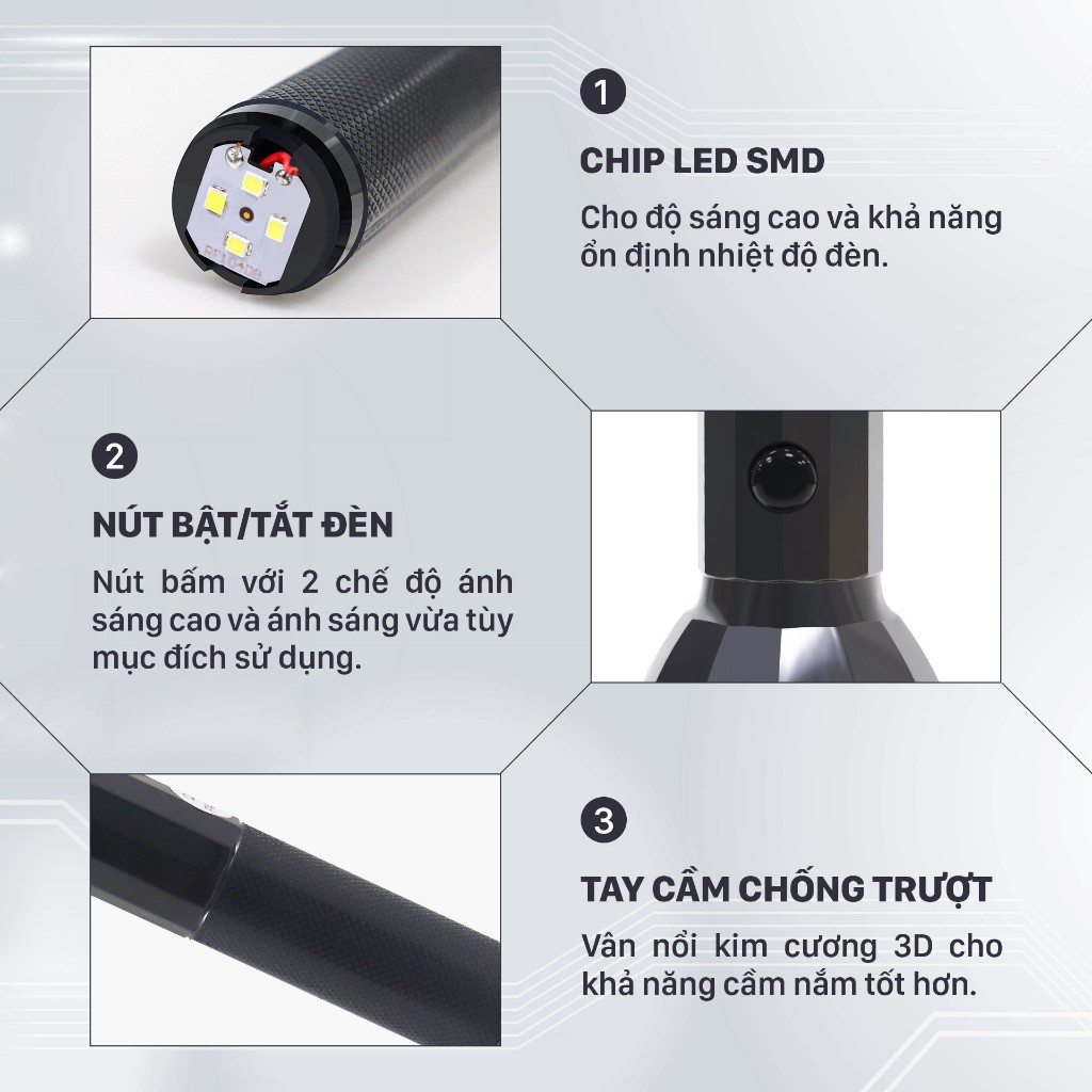 Đèn pin cầm tay hiệu Mỹ Linh - RF104B, hoạt động bằng pin mới 100%. Pin lithium,chip LED SMD kèm sạc