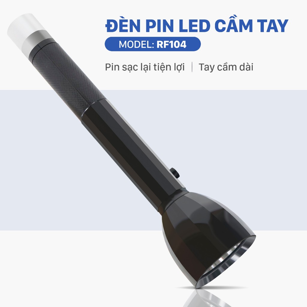Đèn pin cầm tay hiệu Mỹ Linh - RF104B, hoạt động bằng pin mới 100%. Pin lithium,chip LED SMD kèm sạc