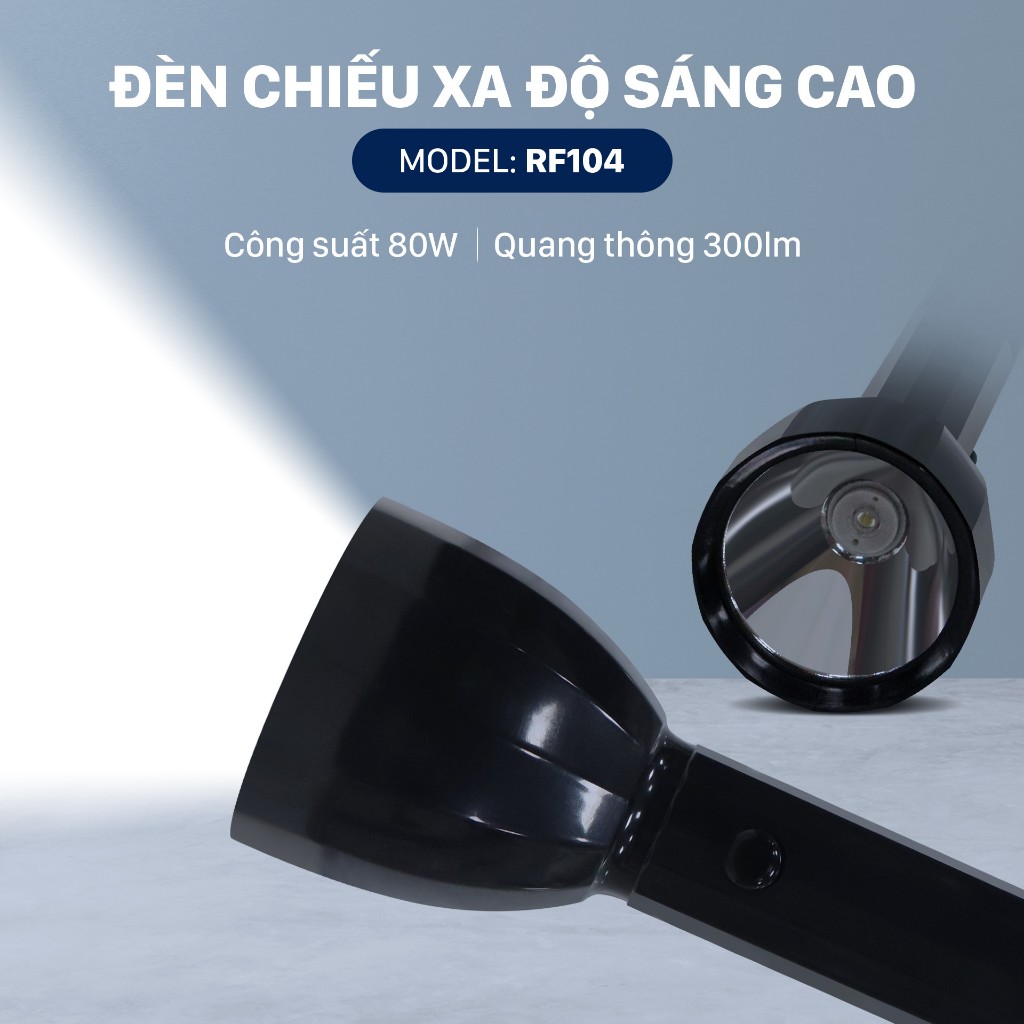 Đèn pin cầm tay hiệu Mỹ Linh - RF104B, hoạt động bằng pin mới 100%. Pin lithium,chip LED SMD kèm sạc