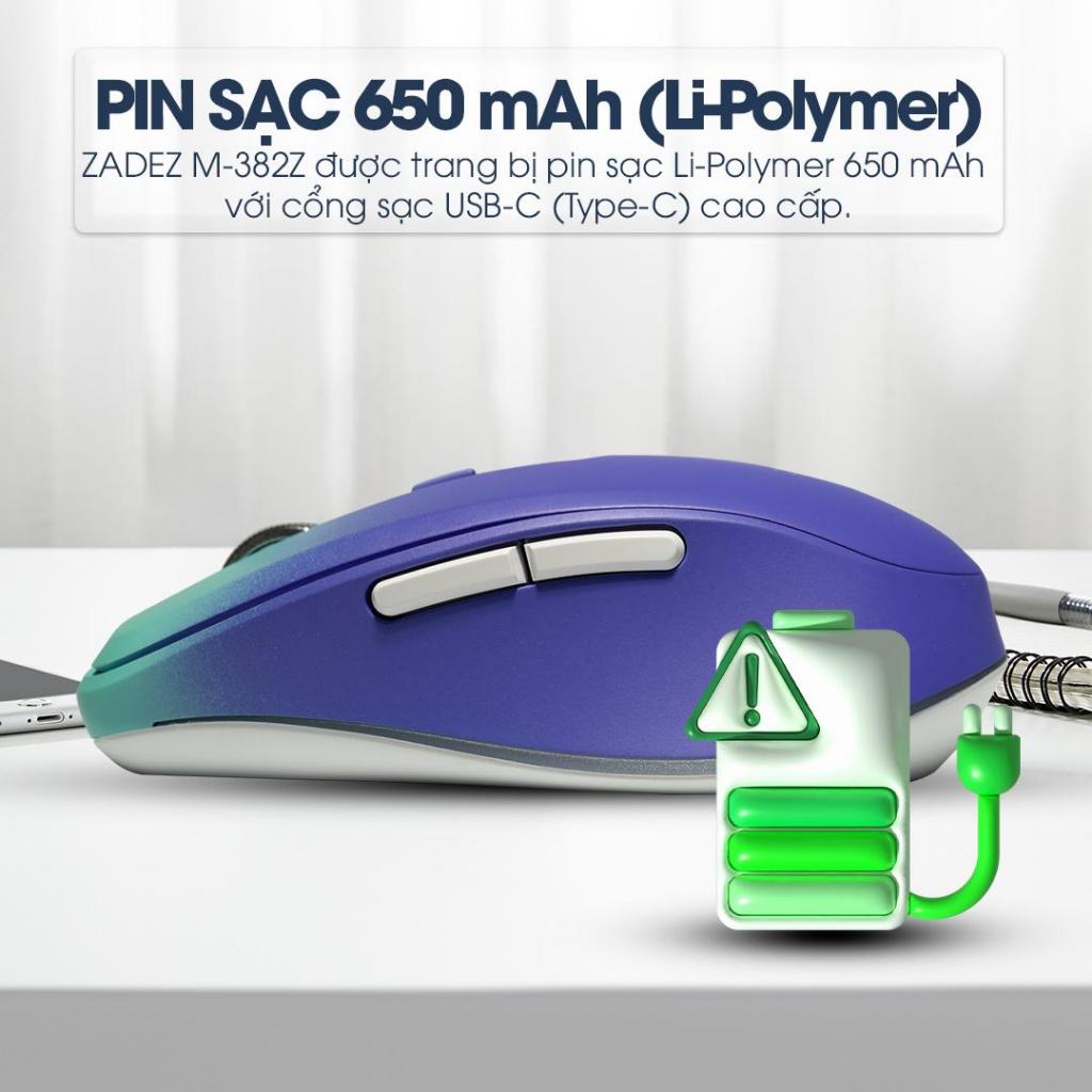 Chuột Silent ZADEZ M-382Z - Kết Nối Bluetooth Và USB Receiver, Pin Sạc, DPI 2000 Độ Chính Xác Cao