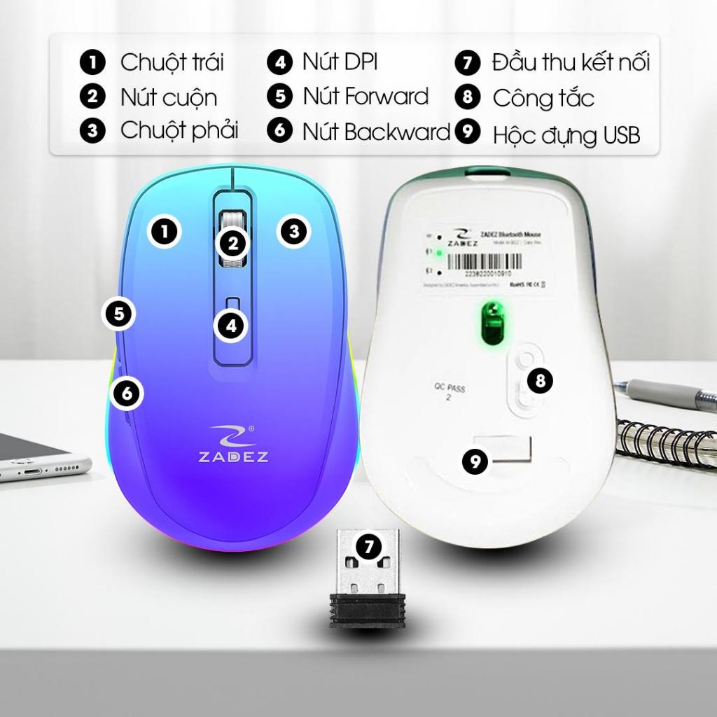 Chuột Silent ZADEZ M-382Z - Kết Nối Bluetooth Và USB Receiver, Pin Sạc, DPI 2000 Độ Chính Xác Cao