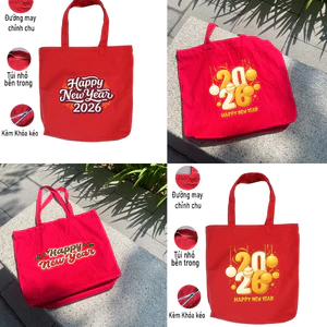 Túi tote màu đỏ có khóa kéo Happy New Year túi vải canvas TẾT Bính Ngọ 2026 đeo vai đi chơi đi học 35x40cm tuid0254