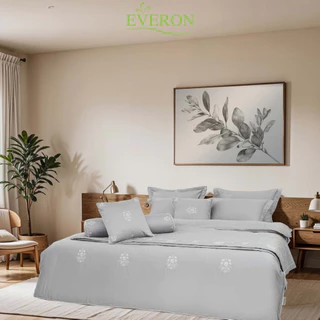 Chăn ga Everon EPTC 25042 "Hoa Thêu Xám", vải Tencel cao cấp