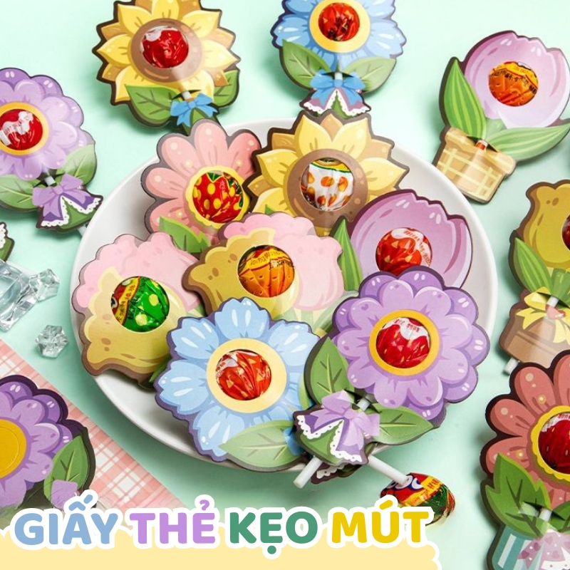 Thẻ kẹo mút nhỏ gọn hình hoa và hình kẹo – Set thẻ cào in 2 mặt trang trí kẹo thêm bắt mắt, gọn gàng