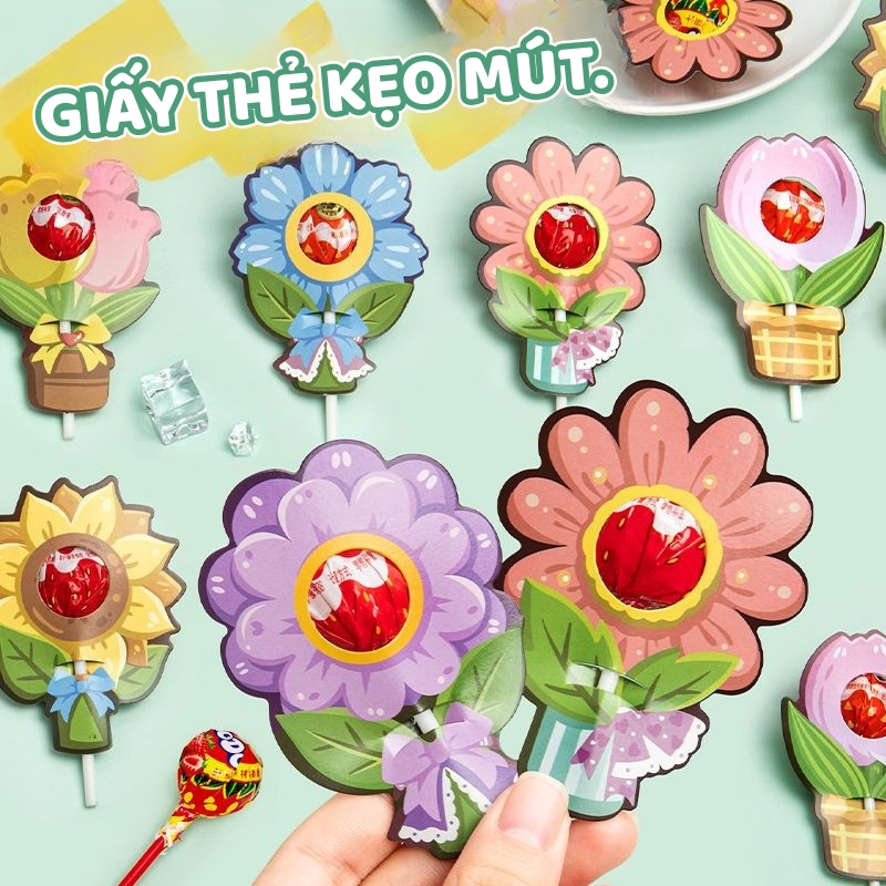 Thẻ kẹo mút nhỏ gọn hình hoa và hình kẹo – Set thẻ cào in 2 mặt trang trí kẹo thêm bắt mắt, gọn gàng