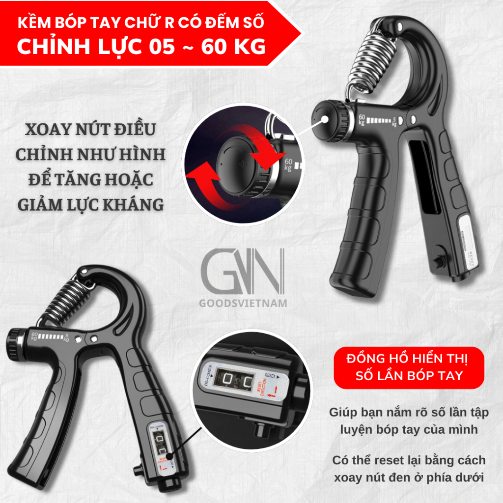 Kìm Bóp Tay Lò Xo Điều Chỉnh Lực Từ 5 - 60Kg Có Bộ Đếm Số Tập Cơ Tay, Ngón Tay GVN Sport