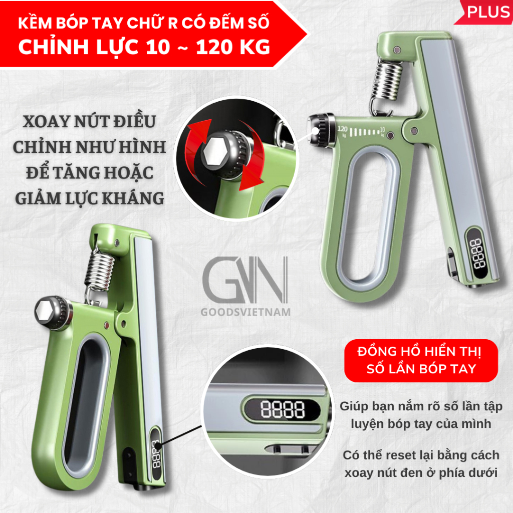 Kìm Bóp Tay Lò Xo Điều Chỉnh Lực Từ 5 - 60Kg Có Bộ Đếm Số Tập Cơ Tay, Ngón Tay GVN Sport