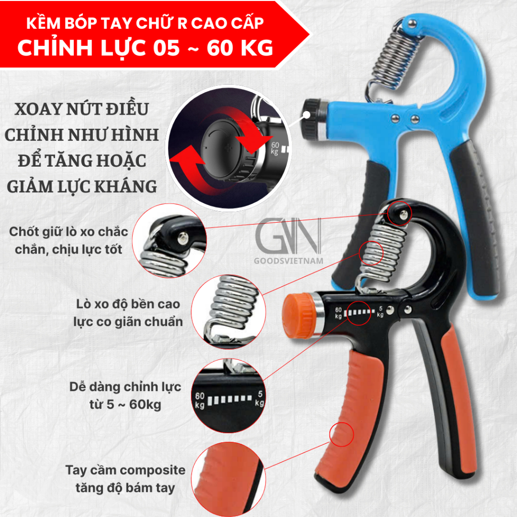 Kìm Bóp Tay Lò Xo Điều Chỉnh Lực Từ 5 - 60Kg Có Bộ Đếm Số Tập Cơ Tay, Ngón Tay GVN Sport