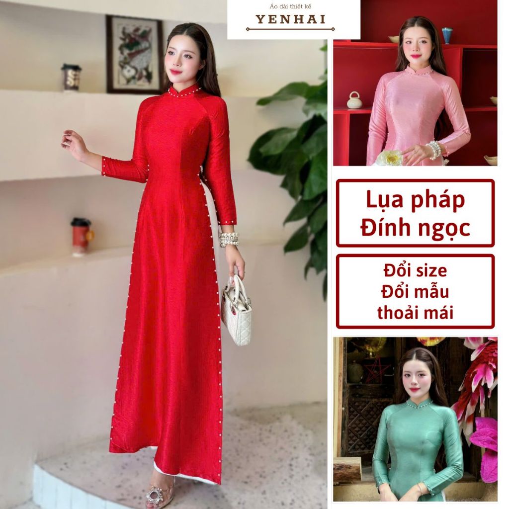 Áo dài thiết kế đính ngọc chất lụa pháp cao cấp sang trọng