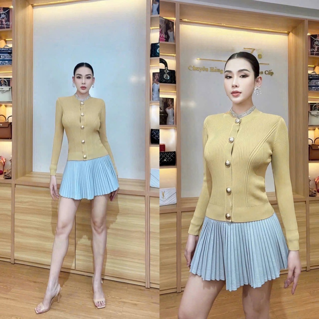 Áo len nút đồng tay dài màu đỏ nude xám