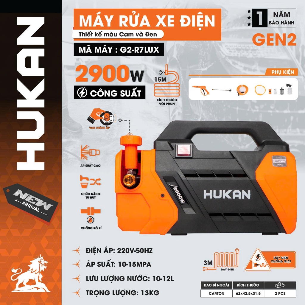 Máy Rửa Xe Điện HUKAN G2-R7LUX | Công Suất 2900W, Áp Suất 10-15MPA, Lưu Lượng 10-15L, Bền Mạnh [CHÍNH HÃNG]