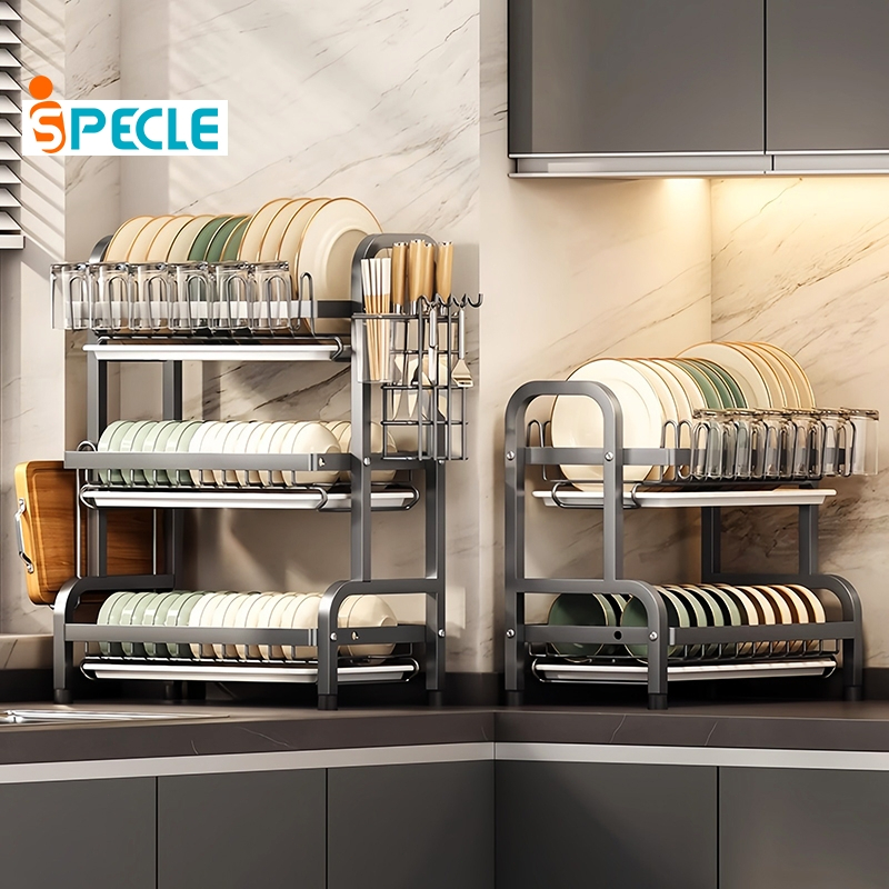 iSPECLE Kệ Để Bát Đĩa 2/3 Tầng Thép Carbon - Tích Hợp Giá Cốc, Đũa, Dao & Thớt, Có Khay Hứng Nước