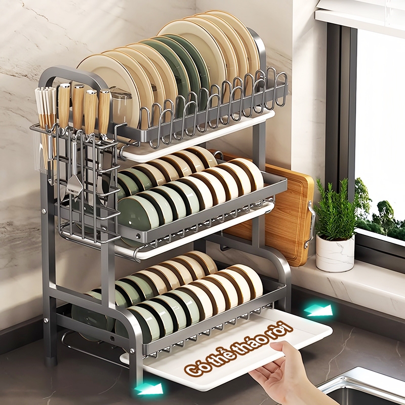 iSPECLE Kệ Để Bát Đĩa 2/3 Tầng Thép Carbon - Tích Hợp Giá Cốc, Đũa, Dao & Thớt, Có Khay Hứng Nước