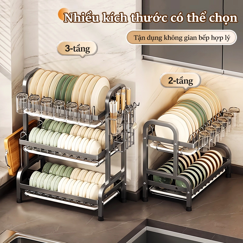 iSPECLE Kệ Để Bát Đĩa 2/3 Tầng Thép Carbon - Tích Hợp Giá Cốc, Đũa, Dao & Thớt, Có Khay Hứng Nước