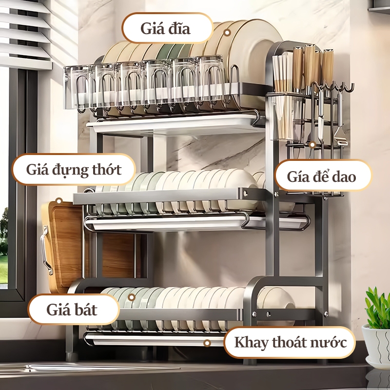 iSPECLE Kệ Để Bát Đĩa 2/3 Tầng Thép Carbon - Tích Hợp Giá Cốc, Đũa, Dao & Thớt, Có Khay Hứng Nước