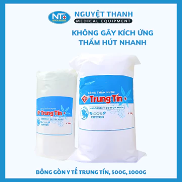 Bông gòn y tế Trung Tín, 100% bông tự nhiên, thấm hút tốt, gói 500g, 1000g