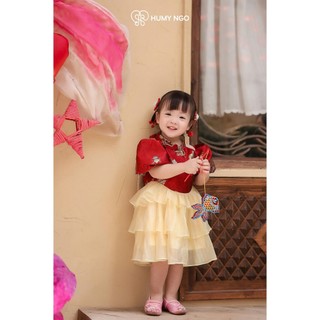 [TẶNG KÈM NƠ CÀI VÁY] - Váy trung thu cho bé gái HUMYNGO tone đỏ nổi bật - Chất gấm cao cấp phối voan mềm [V171]