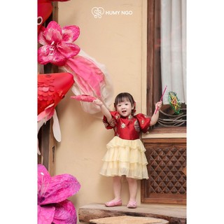 [TẶNG KÈM NƠ CÀI VÁY] - Váy trung thu cho bé gái HUMYNGO tone đỏ nổi bật - Chất gấm cao cấp phối voan mềm [V171]