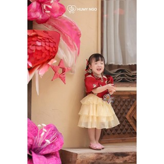 [TẶNG KÈM NƠ CÀI VÁY] - Váy trung thu cho bé gái HUMYNGO tone đỏ nổi bật - Chất gấm cao cấp phối voan mềm [V171]