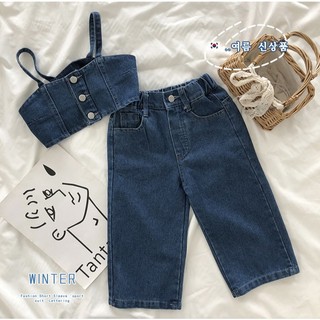 Đồ Bộ Bé Gái, Sét Bò Cho Bé Gái Thiết Kế Áo 2 Dây Kèm Quần Ống Rộng Chất Liệu Jean Mềm Mại