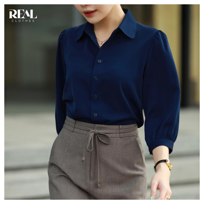 Sơ mi công sở màu trơn tay lỡ cổ nhọn REAL CLOTHES (tổng hợp màu), vải lụa mềm mát, ít nhăn