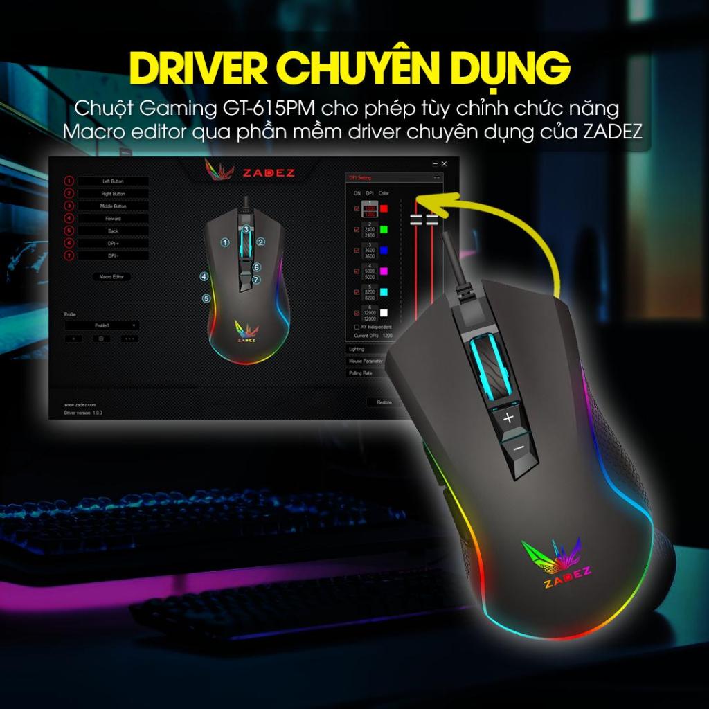 Chuột Gaming Có Dây ZADEZ GT-615PM - 12.000 DPI Cảm Biến Pixart PMW3360, 7 Nút Tính Năng