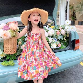 Váy Cho Bé Gái, Váy Hai Dây Dáng Xòe Họa Tiết Hoa Ngọt Ngào Chất Liệu Mềm Mại