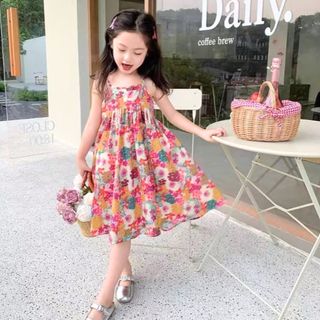 Váy Cho Bé Gái, Váy Hai Dây Dáng Xòe Họa Tiết Hoa Ngọt Ngào Chất Liệu Mềm Mại