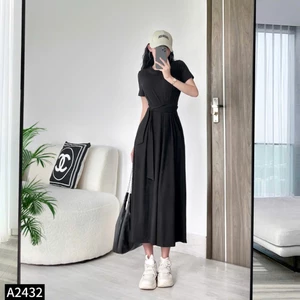 Đầm thun tay ngắn buộc dây eo A2432