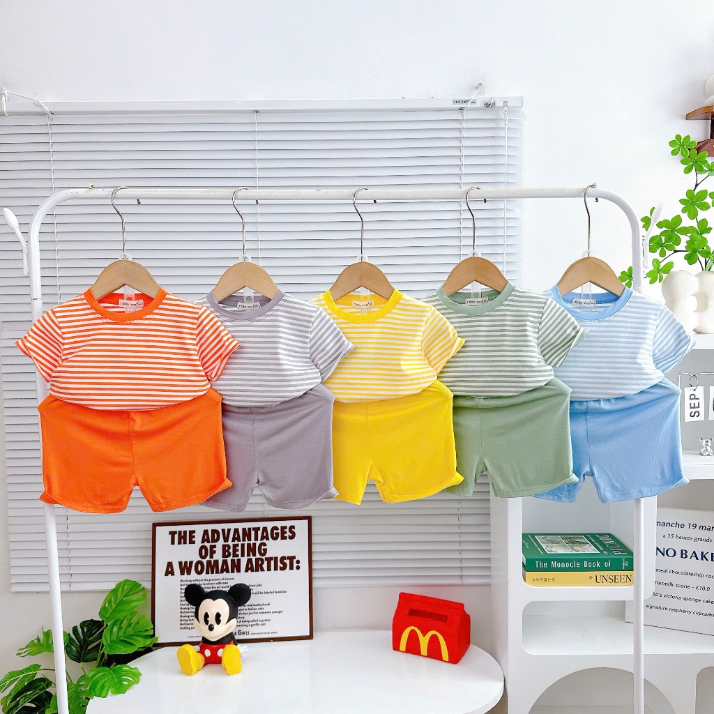 Bộ Cộc Tay Minkymom Áo Sọc Dệt Quần Đùi Trơn Thun Lạnh Cho Bé Trai Bé Gái 9-27kg TN-TR36