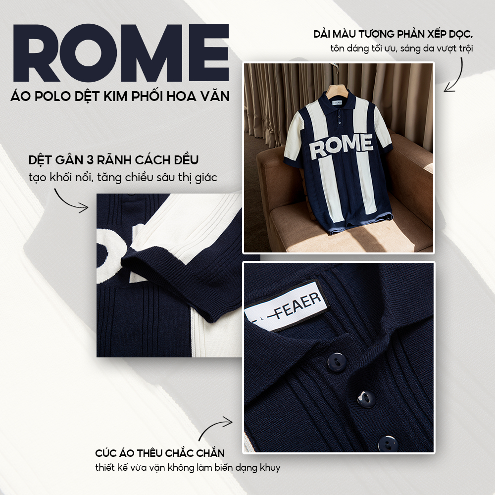 Áo polo dệt kim ROME tay ngắn, hoạ tiết chữ độc đáo, vải knit cao cấp, phối sọc năng động, hiện đại - FEAER