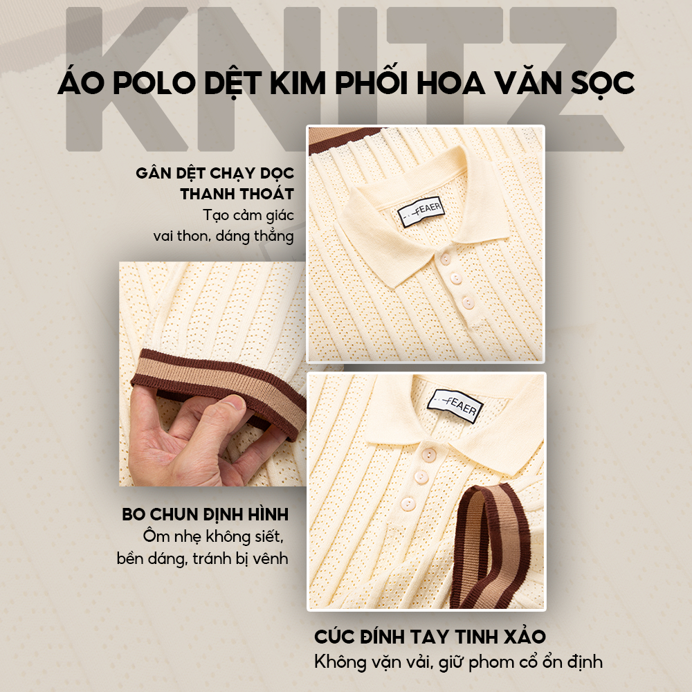 Áo polo dệt kim KNITZ tay ngắn phối sọc thời thượng, phong cách Hàn Quốc, sang trọng, thanh lịch - FEAER