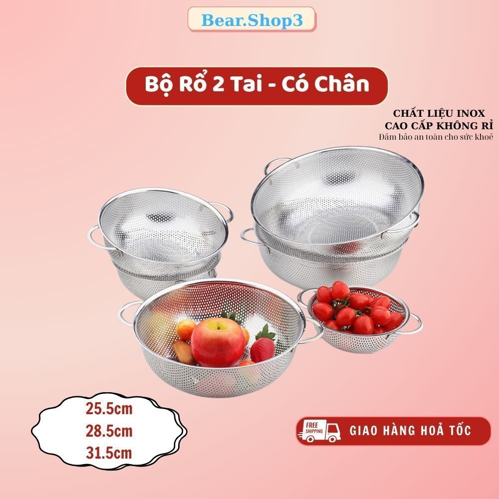 Set 3 Rổ inox 304 đa năng lỗ lưới nhỏ dày - Rổ tròn inox 304 có 3 chân ...