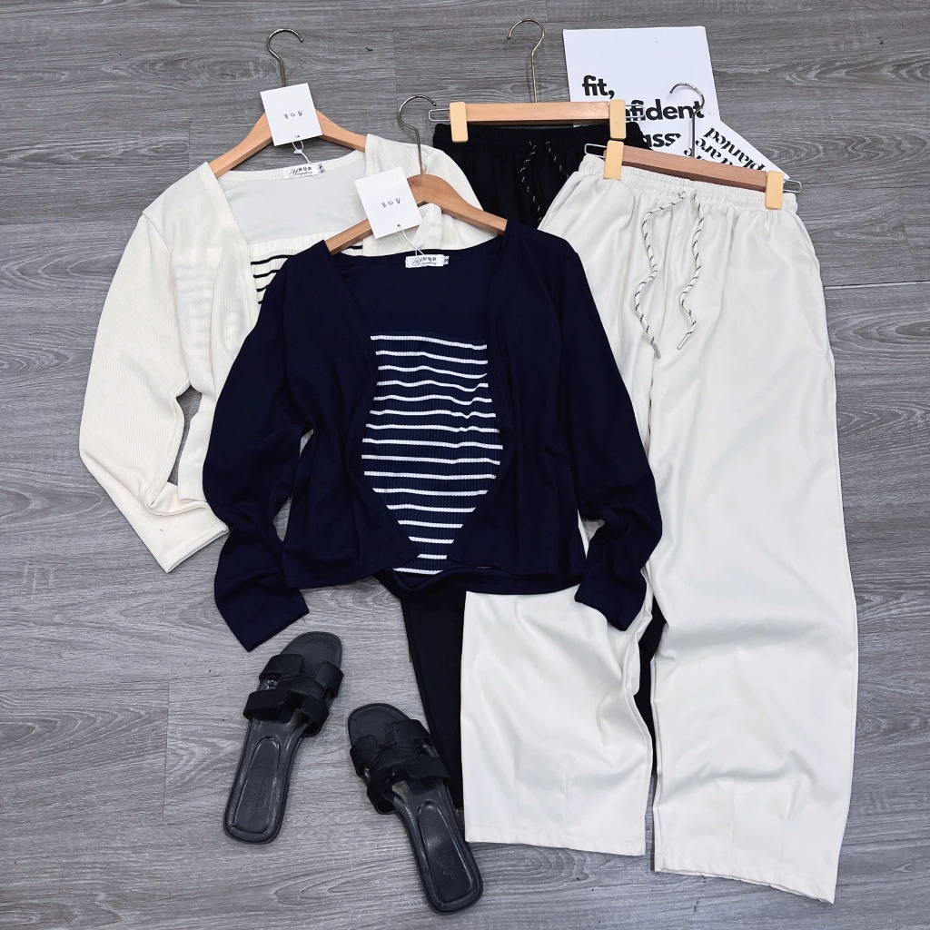 2026[SÉT ÁO QUÂY KẺ- Quần Baggy] Sét 2 áo choàng-quây tăm hàn phối liền kẻ+ quần baggy thô kaki.Đủ size SMLXL 40kg- 70kg