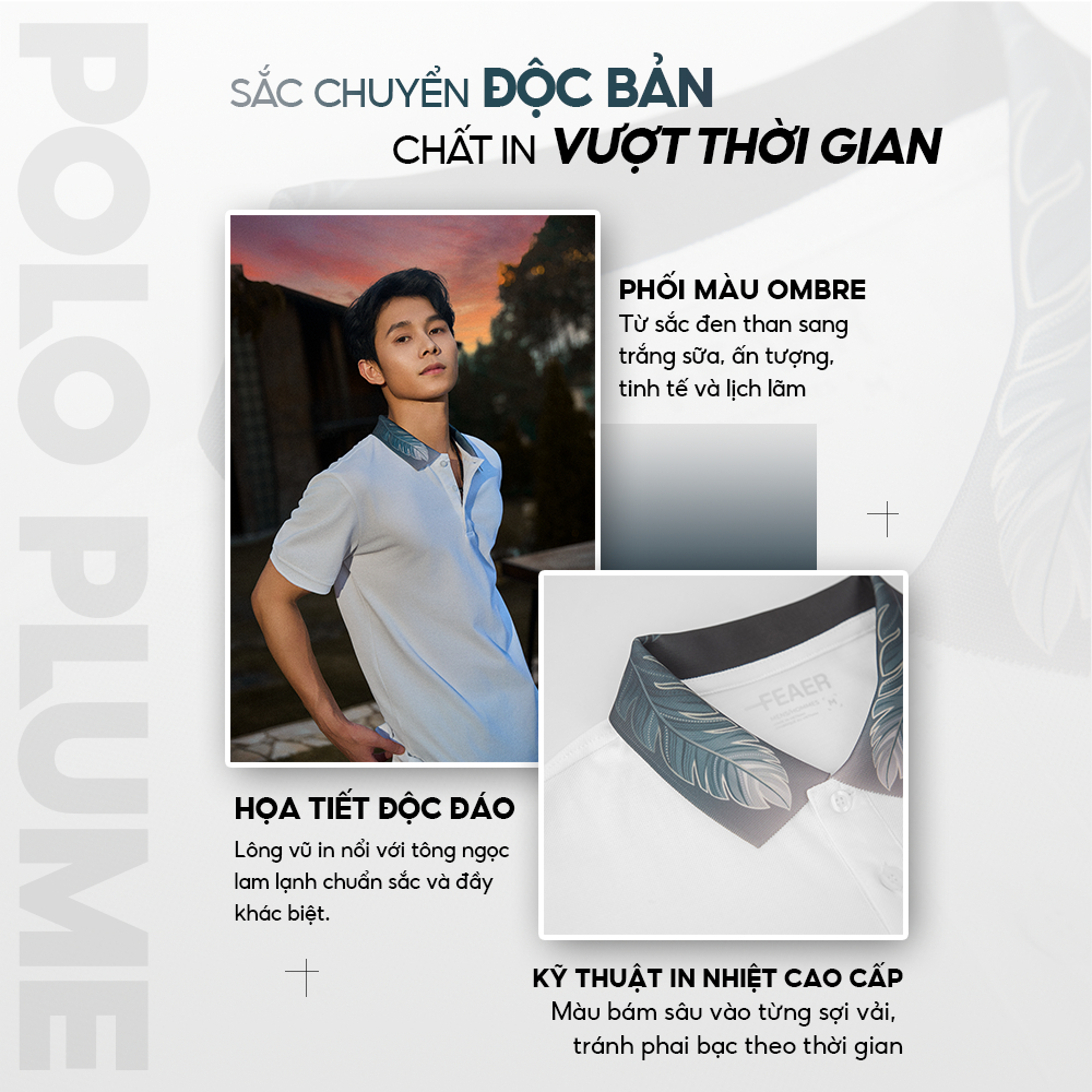 Áo Polo Nam PLUME Tay Ngắn, Cổ Họa Tiết Lông Vũ In Chuyển Nhiệt Ombre Đặc Biệt, Vải Cotton Micro Thoáng Mát, Dễ Mặc, Tha