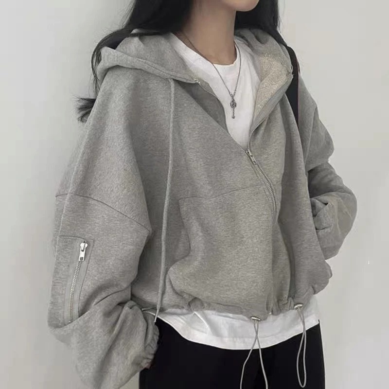 Áo khoác nỉ nữ from rộng tay bồng may khoá tay dây rút gấu siêu cá tính