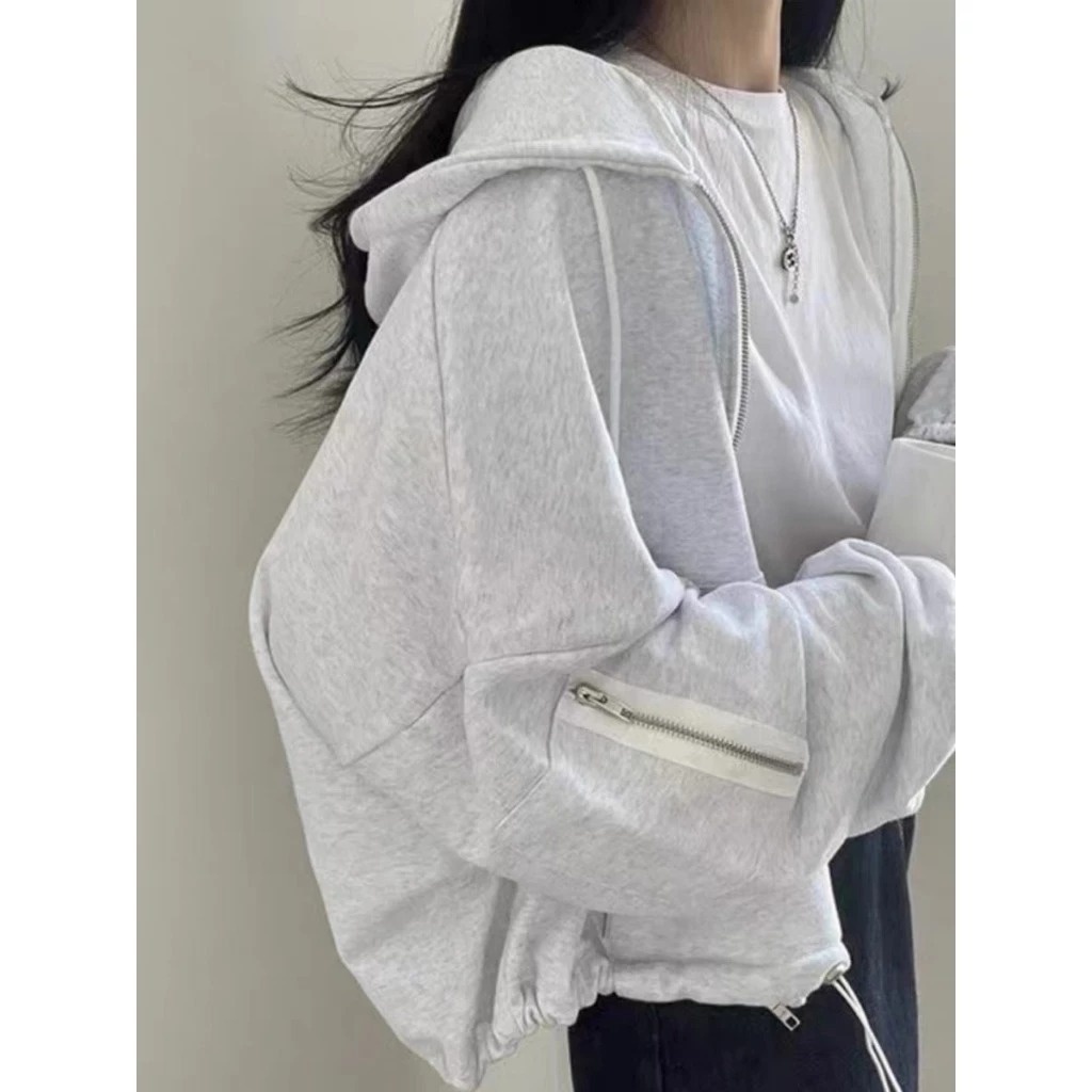 Áo khoác nỉ nữ from rộng tay bồng may khoá tay dây rút gấu siêu cá tính