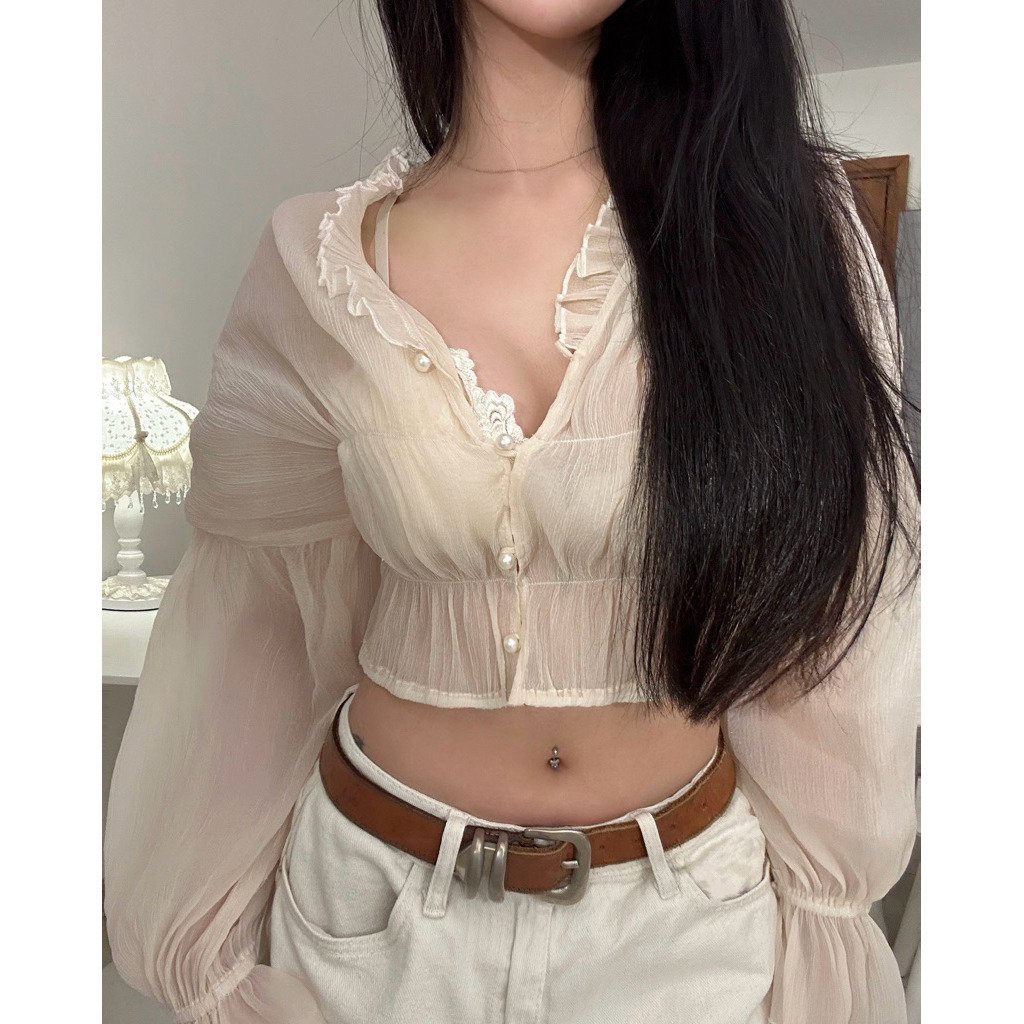 HERBIE - Áo sơ mi kem vàng tay phồng vải tơ ánh kim cao cấp nhún bèo (Không kèm bra) | Lalin Top 🐰