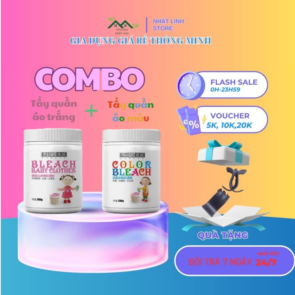 Combo Bột Tẩy Nấm Mốc Vết Bẩn Quần Áo Trắng, Bột Tẩy Quần Áo Màu Hiệu Quả Không Mùi An Toàn Cho Bé 300g Mẫu Mới 2025