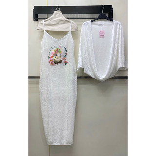 Váy nhung hai dây thêu chuột hoa dáng xuông