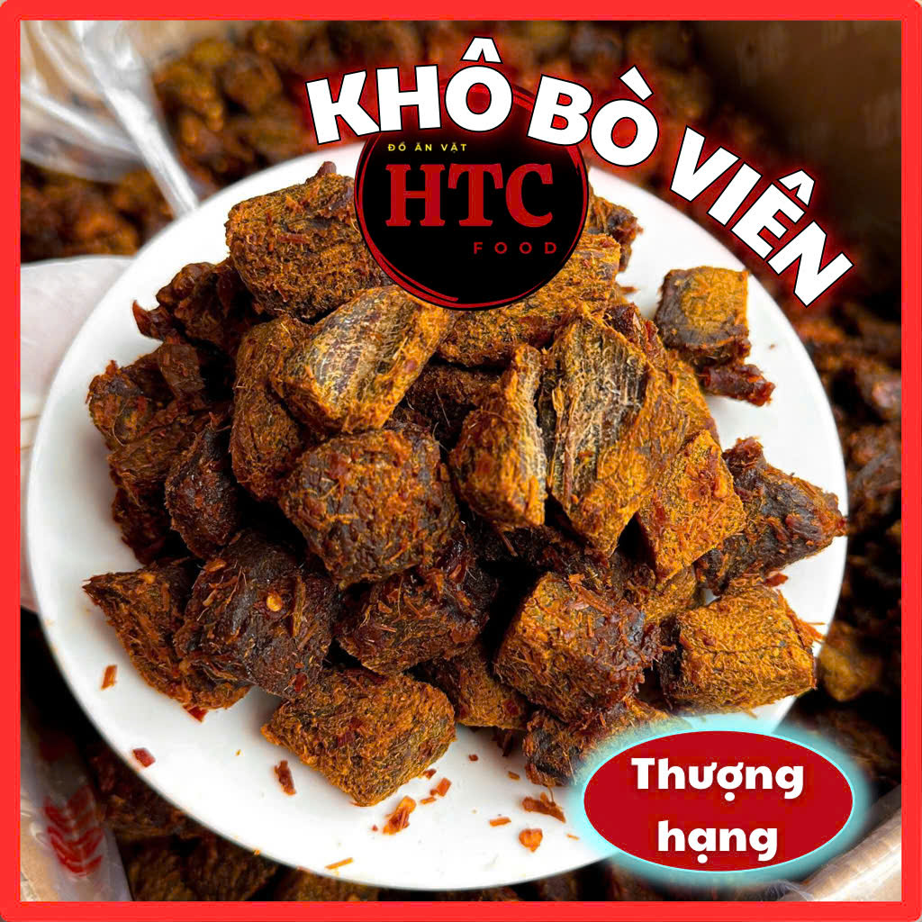 Khô bò viên ăn liền cao cấp nhà làm, thịt bò khô chuẩn vị cay dai đậm đà, 500g, đồ ăn vặt HTC Food