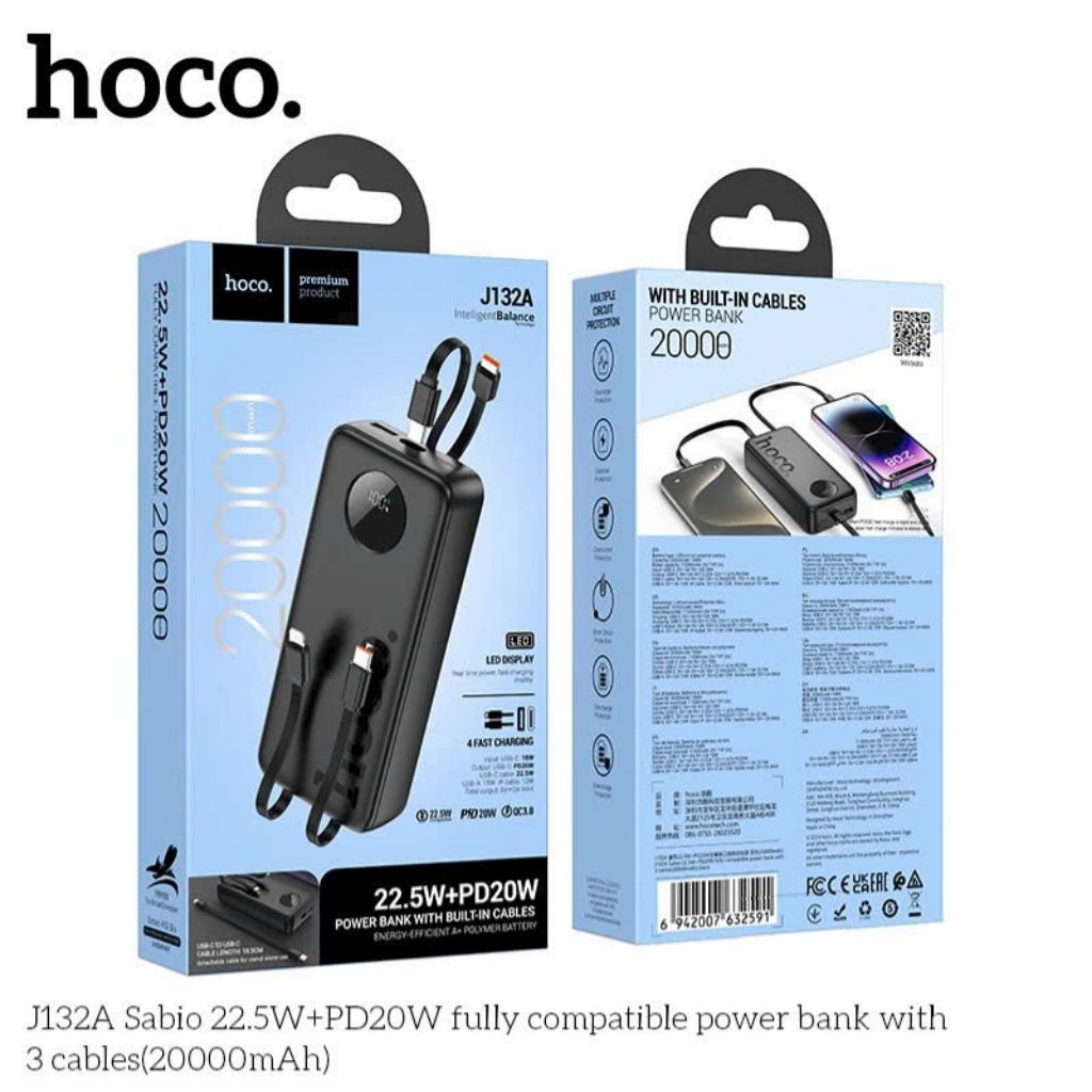 Sạc nhanh dự phòng hoco J132A 20000mah có sẵn dây.