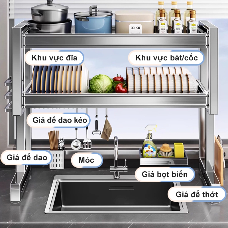 iSPECLE Kệ úp chén Đặt Trên Bồn Rửa Inox 304 Thiết Kế Thông Minh Tích Hợp Giá Đũa & Dao Thớt