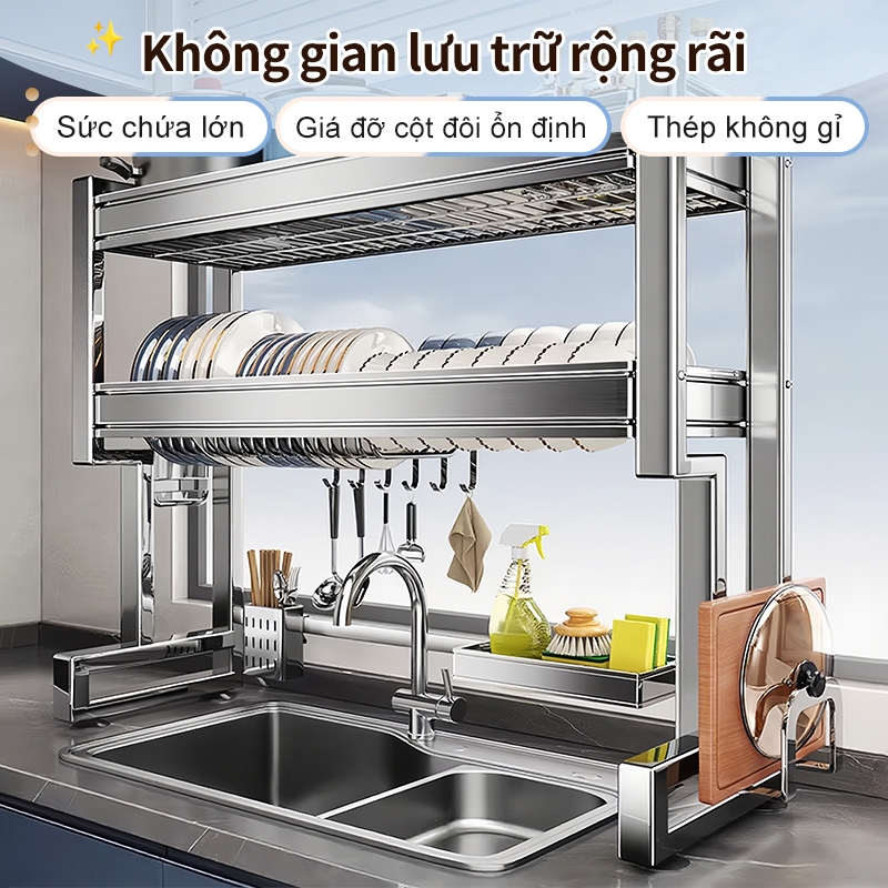 iSPECLE Kệ úp chén Đặt Trên Bồn Rửa Inox 304 Thiết Kế Thông Minh Tích Hợp Giá Đũa & Dao Thớt