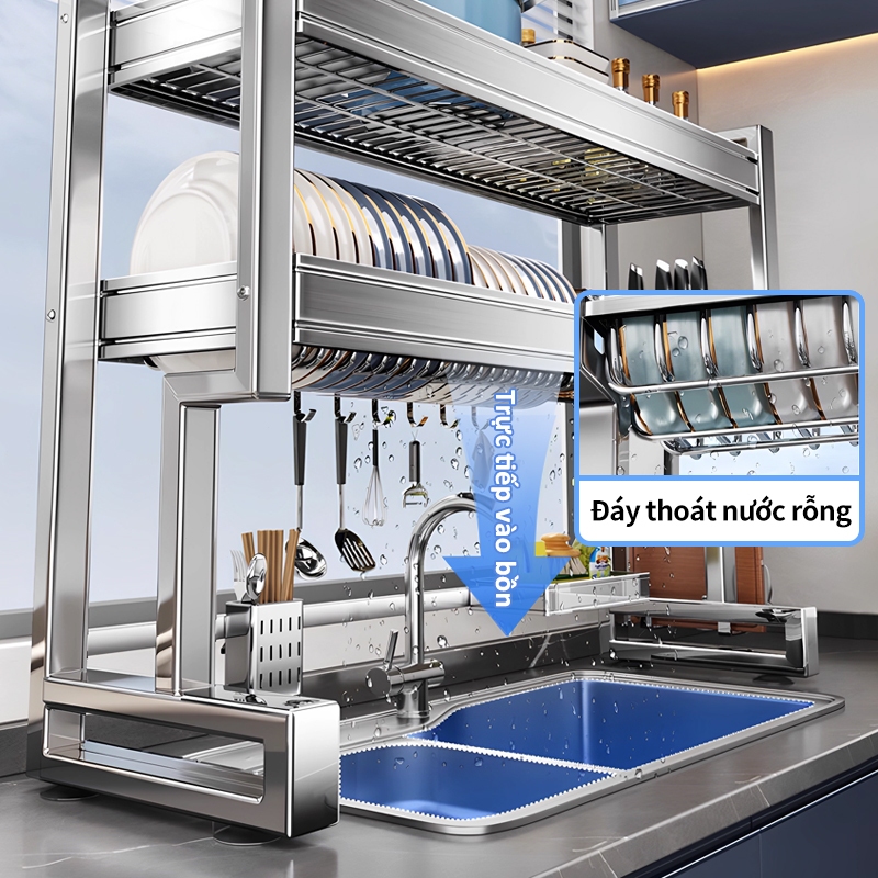 iSPECLE Kệ úp chén Đặt Trên Bồn Rửa Inox 304 Thiết Kế Thông Minh Tích Hợp Giá Đũa & Dao Thớt