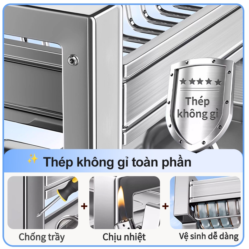 iSPECLE Kệ úp chén Đặt Trên Bồn Rửa Inox 304 Thiết Kế Thông Minh Tích Hợp Giá Đũa & Dao Thớt