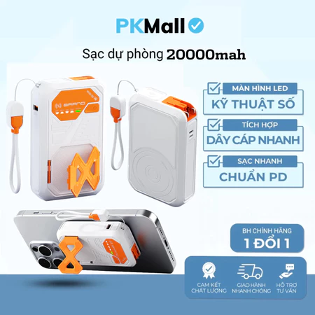 Sạc Dự Phòng 20000mAh Không Dây, Sạc Dự Phòng Kiêm Củ Sạc Công Suất 22,5W , Sạc Cho Iphone Và Android