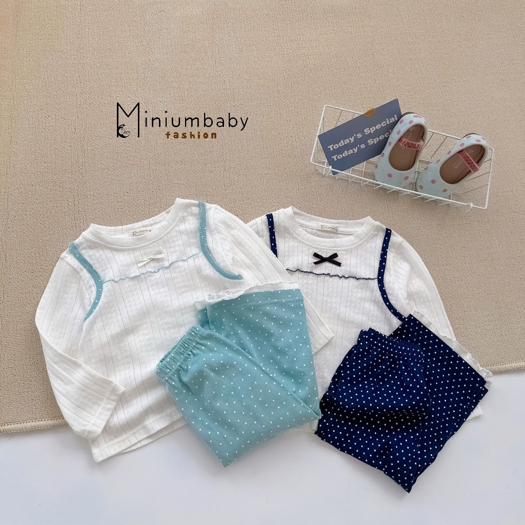Set bộ dài tay bé gái Miniumbaby, set bộ thu đông đính nơ chấm bi, chất vải cotton mềm mại SB2415