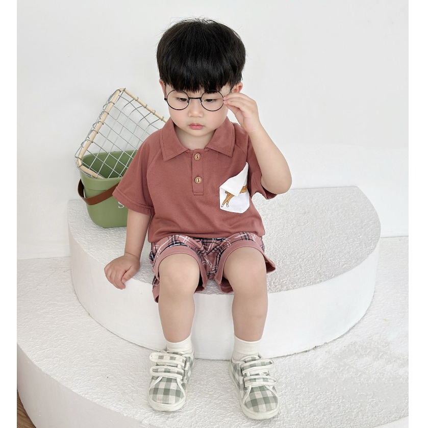 Set bộ polo cộc tay bé trai Miniumbaby in hình kiểu túi ngực dễ thương, chất cotton mềm mại SB2608