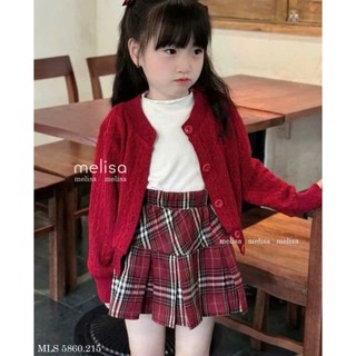 [B&G] Sét váy 3 món Áo thun trắng basic phối Khoác cardigan đỏ Chân váy caro đỏ xếp ly cho bé gái